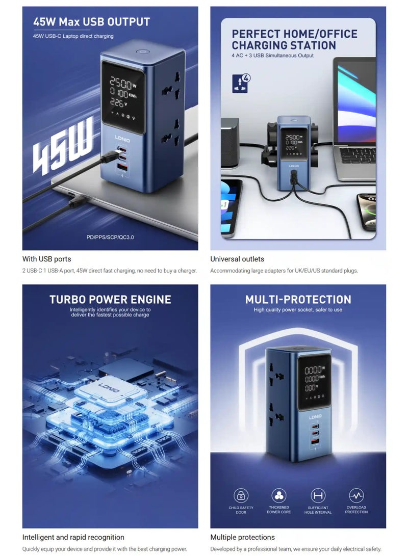 لدنيو LDNIO SC2 مشترك كهربائي متعدد الاستخدامات، شحن سريع PD بقوة 45 واط، منافذ USB مع مؤشر LED - Image 3